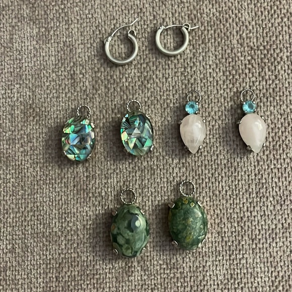 Jewelry - Brushed silver hoop earrings with multiple stone earring charms.